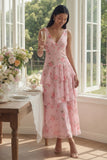 Roze chiffon V-hals gelaagde, met bloemenprint en gerimpelde lange trouwjurk