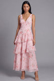 Roze chiffon V-hals gelaagde, met bloemenprint en gerimpelde lange trouwjurk