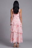 Roze chiffon V-hals gelaagde, met bloemenprint en gerimpelde lange trouwjurk