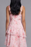 Roze chiffon V-hals gelaagde, met bloemenprint en gerimpelde lange trouwjurk