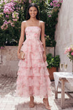 Roze strapless A-lijn chiffon gelaagde bloemenjurk met bloemenprint lange trouwjurk