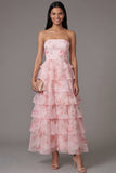 Roze strapless A-lijn chiffon gelaagde bloemenjurk met bloemenprint lange trouwjurk