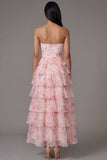 Roze strapless A-lijn chiffon gelaagde bloemenjurk met bloemenprint lange trouwjurk