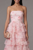 Roze strapless A-lijn chiffon gelaagde bloemenjurk met bloemenprint lange trouwjurk