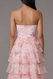 Roze strapless A-lijn chiffon gelaagde bloemenjurk met bloemenprint lange trouwjurk