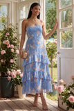 Chiffon blauwe schede strapless gelaagd bloemenprint lange trouwjurk