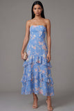 Chiffon blauwe schede strapless gelaagd bloemenprint lange trouwjurk