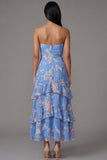 Chiffon blauwe schede strapless gelaagd bloemenprint lange trouwjurk