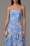 Chiffon blauwe schede strapless gelaagd bloemenprint lange trouwjurk