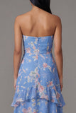 Chiffon blauwe schede strapless gelaagd bloemenprint lange trouwjurk