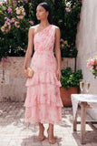 Lange jurk met een lange trouwgast met een chiffon op één schouder met een chiffon met gerimpelde, gelaagde bloemenprint