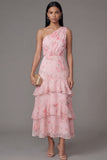 Lange jurk met een lange trouwgast met een chiffon op één schouder met een chiffon met gerimpelde, gelaagde bloemenprint
