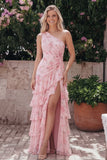 Chiffon Eenschouder Roze Gerimpelde Bloemenprint Lange Trouwjurk met Split