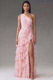 Chiffon Eenschouder Roze Gerimpelde Bloemenprint Lange Trouwjurk met Split
