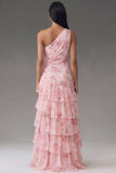 Chiffon Eenschouder Roze Gerimpelde Bloemenprint Lange Trouwjurk met Split