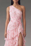 Chiffon Eenschouder Roze Gerimpelde Bloemenprint Lange Trouwjurk met Split