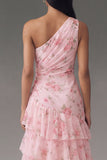 Chiffon Eenschouder Roze Gerimpelde Bloemenprint Lange Trouwjurk met Split