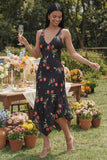 Zwarte A-lijn chiffon V-hals geprint midi bloemenjurk