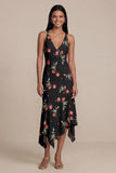 Zwarte A-lijn chiffon V-hals geprint midi bloemenjurk