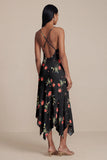 Zwarte A-lijn chiffon V-hals geprint midi bloemenjurk