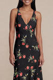 Zwarte A-lijn chiffon V-hals geprint midi bloemenjurk