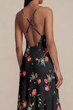 Zwarte A-lijn chiffon V-hals geprint midi bloemenjurk
