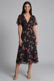 Chiffon A-lijn zwarte rode bloem V-hals midi bruiloftsjurk met korte mouwen