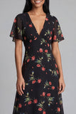 Chiffon A-lijn zwarte rode bloem V-hals midi bruiloftsjurk met korte mouwen
