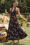 Halter neck Chiffon Schede Zwarte Rode Bloem Bedrukte Lange Trouwjurk Gast Jurk