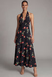 Halter neck Chiffon Schede Zwarte Rode Bloem Bedrukte Lange Trouwjurk Gast Jurk