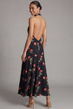 Halter neck Chiffon Schede Zwarte Rode Bloem Bedrukte Lange Trouwjurk Gast Jurk