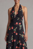 Halter neck Chiffon Schede Zwarte Rode Bloem Bedrukte Lange Trouwjurk Gast Jurk