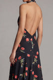 Halter neck Chiffon Schede Zwarte Rode Bloem Bedrukte Lange Trouwjurk Gast Jurk