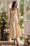 Kanten gele halterhalsschede Midi Floral met strik