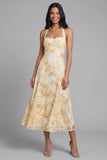 Kanten gele halterhalsschede Midi Floral met strik