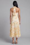 Kanten gele halterhalsschede Midi Floral met strik