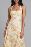 Kanten gele halterhalsschede Midi Floral met strik