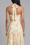 Kanten gele halterhalsschede Midi Floral met strik
