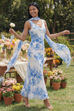 Witblauwe bloemen V-hals schede lange chiffon jurk met halsdoek