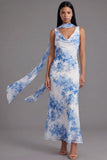 Witblauwe bloemen V-hals schede lange chiffon jurk met halsdoek