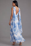 Witblauwe bloemen V-hals schede lange chiffon jurk met halsdoek