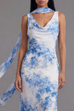 Witblauwe bloemen V-hals schede lange chiffon jurk met halsdoek
