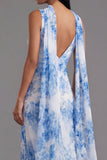 Witblauwe bloemen V-hals schede lange chiffon jurk met halsdoek