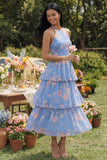 Chiffon blauwe roze bloem halter halshals A-lijn bloemenjurk met strik