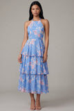Chiffon blauwe roze bloem halter halshals A-lijn bloemenjurk met strik