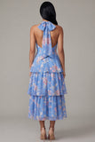 Chiffon blauwe roze bloem halter halshals A-lijn bloemenjurk met strik