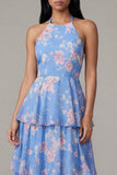 Chiffon blauwe roze bloem halter halshals A-lijn bloemenjurk met strik