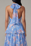 Chiffon blauwe roze bloem halter halshals A-lijn bloemenjurk met strik