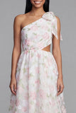 Een-schouder witte roze bloemen chiffon uitgesneden A-lijn bloemenjurk met strik
