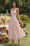 Chiffon roze strapless print lange bloemenjurk met kralen